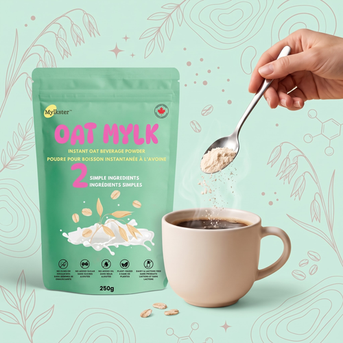 Pouring Mylkster oat mylk powder into a mug of coffee