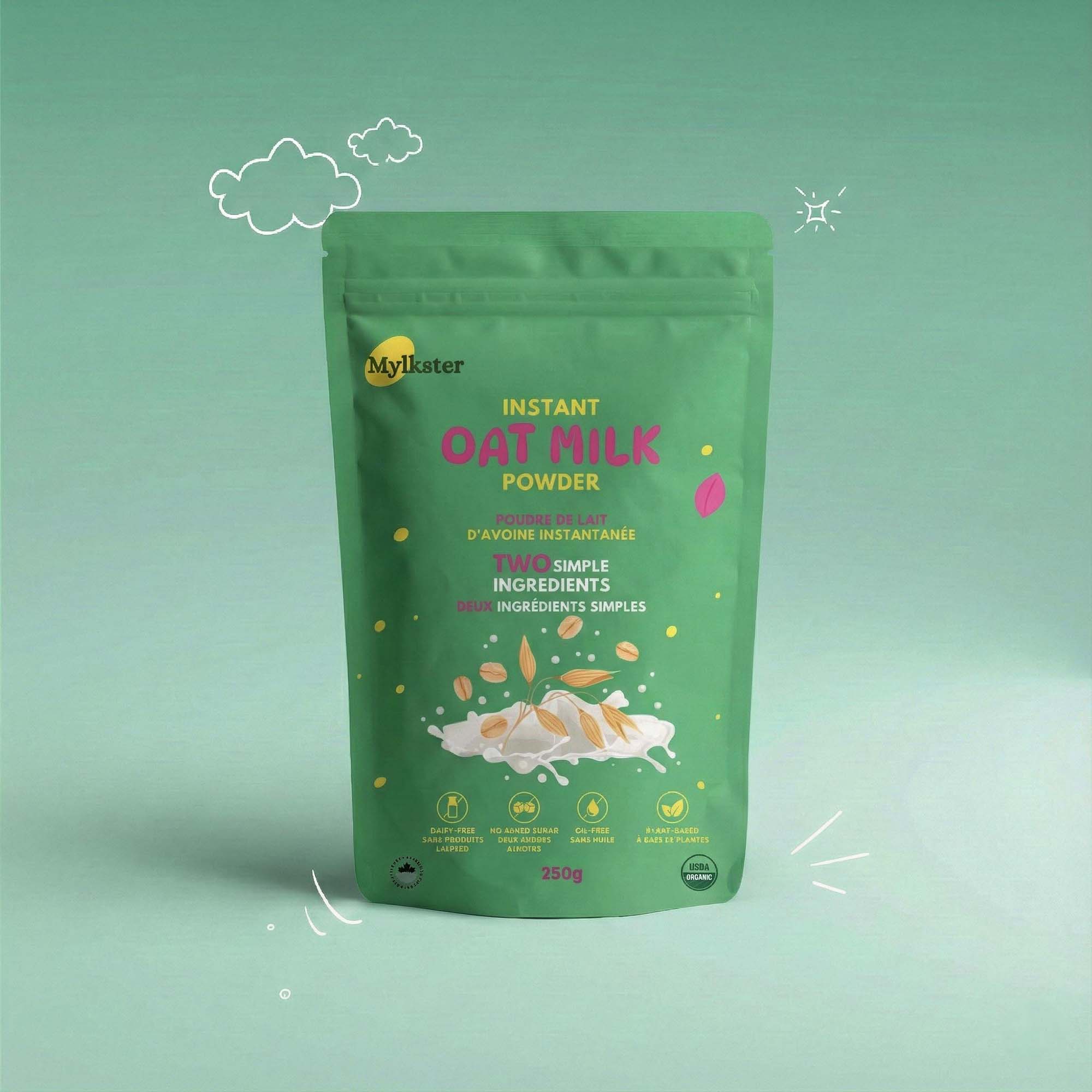 Green package of Mylkater Instant Oat Milk Powder on a light green background
