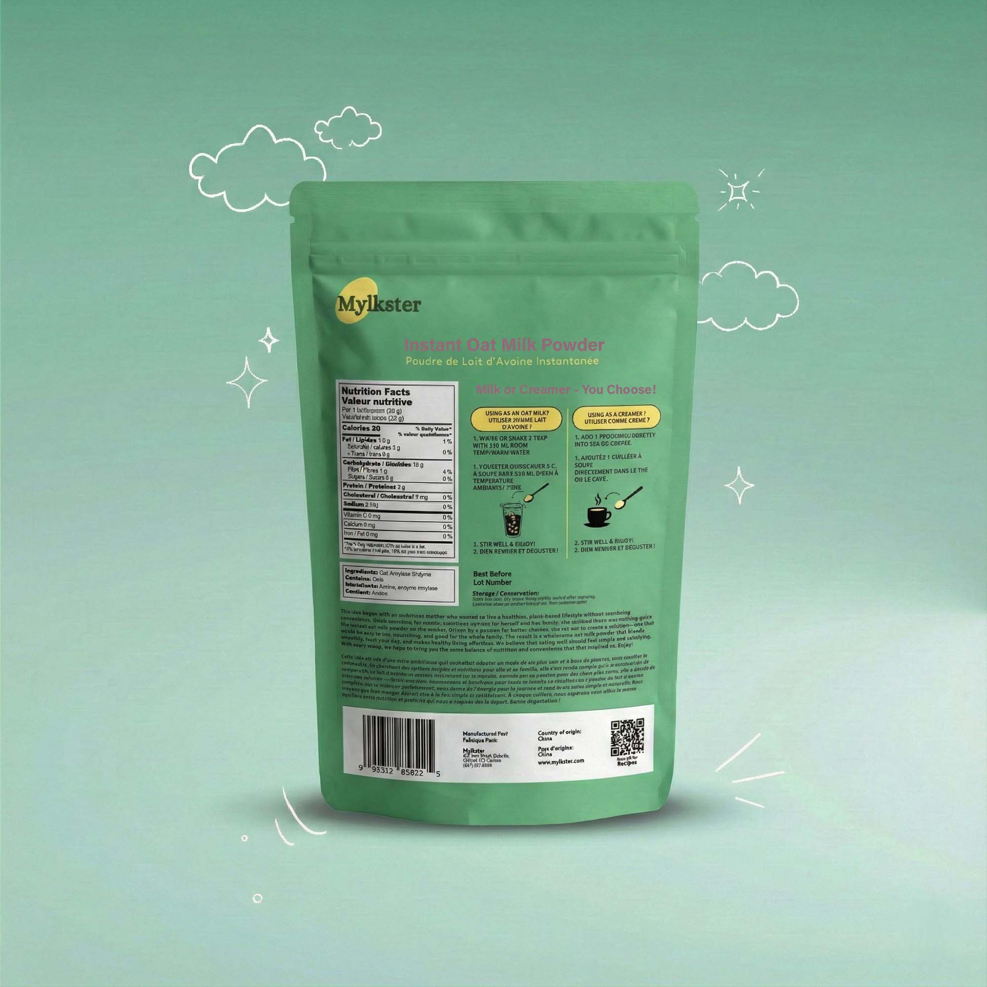 Green package of Mylkster product on a light green background